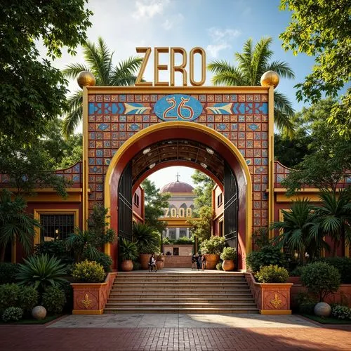 Vibrant zoo entrance, ornate metal gates, Art Deco patterns, geometric shapes, bold typography, exotic animal sculptures, lush greenery, tropical plants, colorful tile work, curved lines, ornamental d