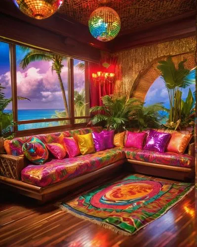 Tropical living room, luxurious villa, Hawaii, Bali, wooden furniture, rattan couch, palm tree patterned upholstery, vibrant colorful throw pillows, exotic plants, ferns, bamboo walls, natural stone f