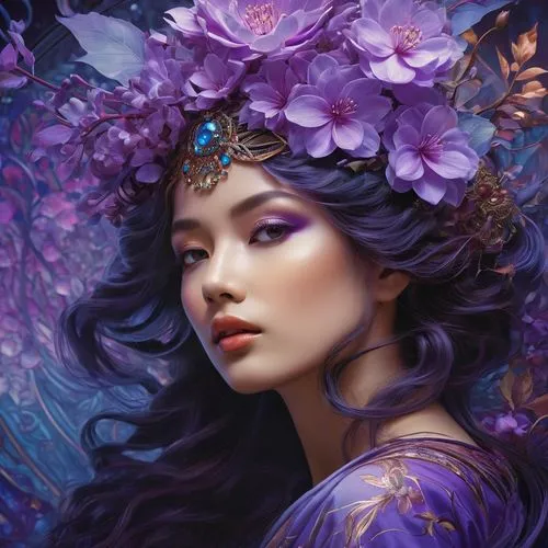 fantasy portrait,lilac blossom,faery,faerie,fantasy art,fairy queen,flower fairy,lilac flower,purple lilac,fairie,wisteria,mystical portrait of a girl,oriental princess,violet flowers,persephone,purple rose,la violetta,violette,purple hydrangeas,butterfly lilac,Photography,General,Fantasy