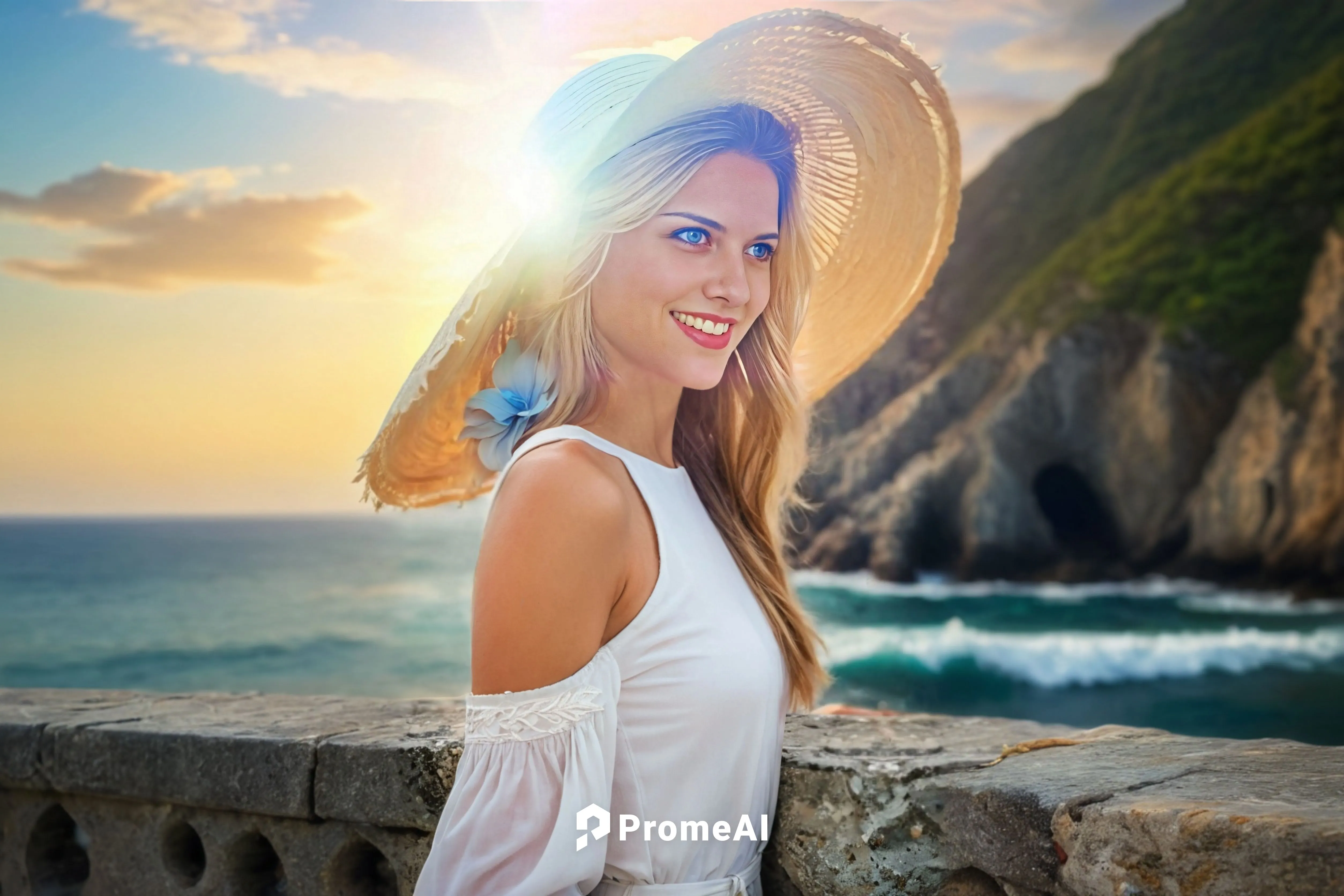 a beautiful woman standing on the edge of a rock,beach background,womans seaside hat,sunburst background,photographic background,laser teeth whitening,landscape background