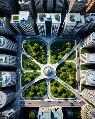 Modern urban planning, bird's eye view, futuristic skyscrapers, sleek glass facades, steel frames, vibrant green roofs, intricate highway systems, bustling city life, detailed pavement patterns, pedes