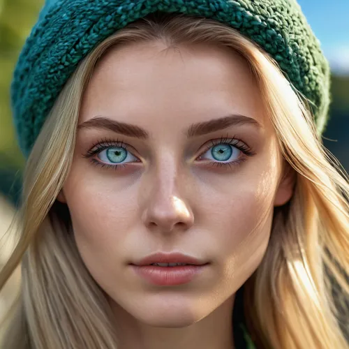 women's eyes,heterochromia,beret,beanie,green eyes,girl wearing hat,knit hat,pupils,girl portrait,elsa,bonnet,blue eyes,natural cosmetic,turquoise wool,retouching,knit cap,woman's hat,peacock eye,blue eye,beautiful bonnet,Photography,General,Realistic