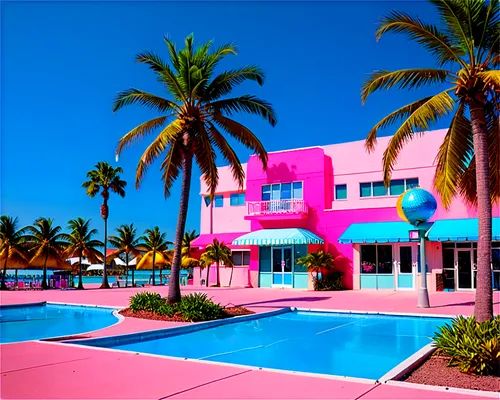 south beach,pink beach,miami,beach house,tropical house,beach resort,florida home,bahamas,hot pink,bright pink,beachhouse,bermuda,pink squares,palmbeach,color pink,seaside resort,cayo coco,curacao,resort,cabana,Illustration,Realistic Fantasy,Realistic Fantasy 38