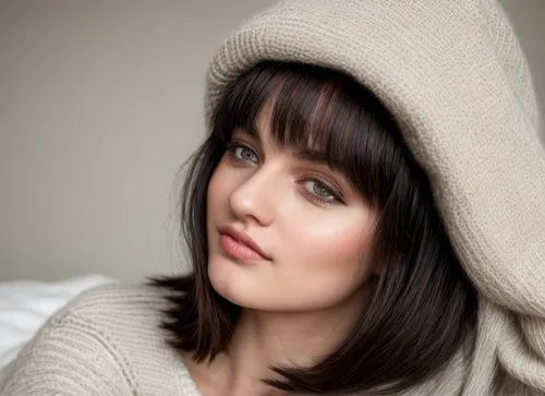 a portrait of a young caucasian woman 27 years old black hair amazing face, brown eyes dressed a white sweter whit a hand in the cheek laying in a bed in 4k,layered hair,asymmetric cut,management of h