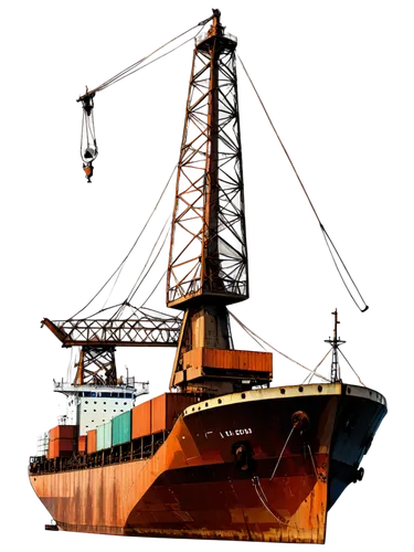 Cargo ship, vector illustration, industrial design, large container crane, cargo holds, anchor chain, navigation bridge, radar antenna, propeller, rusty metal texture, worn-out paint job, morning mist