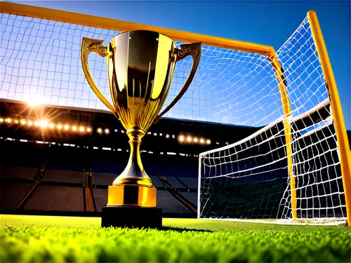 Soccer goal, metal frame, net attached, golden trophy on top, stadium lights reflecting, afternoon sun, dramatic shadows, 3/4 composition, shallow depth of field, vibrant color tone, cinematic lightin