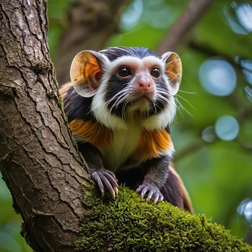 In the forest of a strange non-terrestrial planet a non-terrestrial creature reminiscent of a 50/50 combination of "Emperor Tamarin" and "Nine-Banded Armadillo" in equal parts and proportionate geneti