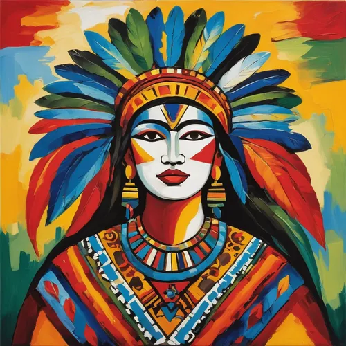 indigenous painting,indian headdress,tribal chief,headdress,pocahontas,cleopatra,khokhloma painting,american indian,the american indian,aztec,warrior woman,native american,red chief,boho art,war bonnet,indigenous,pachamama,shamanic,rosella,amerindien,Art,Artistic Painting,Artistic Painting 37