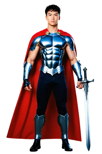 Muscular male, silhouette, warrior, solo, strong jawline, sharp eyes, short black hair, no glasses, bare chest, muscular arms, metallic armor, silver sword, cape flowing behind, heroic pose, low-angle