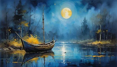 world digital painting,boat landscape,moonlit night,sampan,blue painting,evening lake,canoe,digital painting,hanging moon,fantasy picture,fantasy landscape,night scene,wooden boat,mid-autumn festival,row boat,moonlit,moonlight,blue rain,perahu,dragon boat,Art,Artistic Painting,Artistic Painting 32