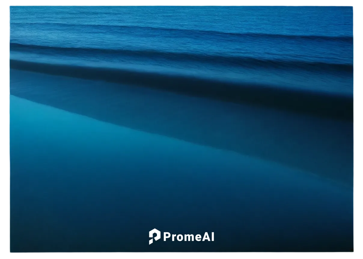 Deep blue ocean, calm waves, sunlight shining on water surface, gentle ripples, sandy beach in distance, seagulls flying overhead, warm tropical atmosphere, panoramic view, soft focus, cinematic light