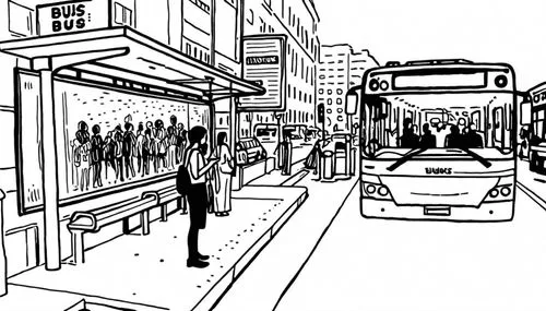 Bus stop, there's a few people waiting for a bus, the bus is just arrived.,mono-line line art,pedestrianisation,pedestrianized,shopfronts,streetcars,bus lane,bustling,pedestrian zone,shopping street,s