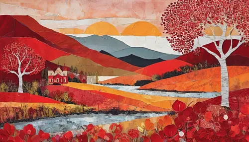 A romantic landscape bathed in the warm shades of red.,autumn landscape,fall landscape,autumn mountains,landscape red,autumn idyll,carol colman,autumn colouring,brook landscape,autumn trees,reddish au