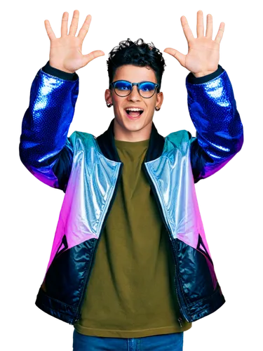 Yeah SFX, young male, DJ, dynamic pose, trendy hairstyle, futuristic glasses, flashy clothing, neon lights, metallic jacket, glow-in-the-dark accents, energetic expression, hands up in the air, confet