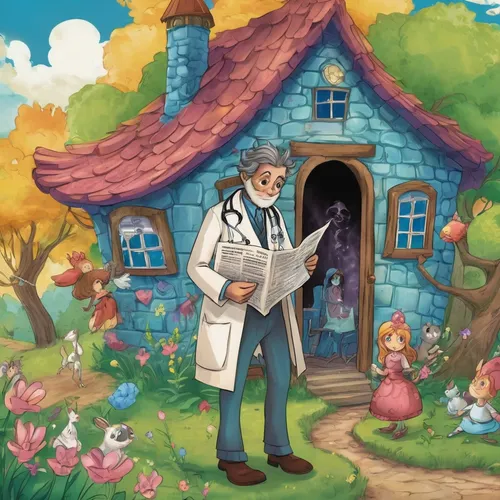 apothecary,studio ghibli,veterinarian,cartoon doctor,veterinary,geppetto,professor,dandelion hall,doctor's room,children's fairy tale,children's background,theoretician physician,game illustration,hans christian andersen,pharmacy,physician,doctor,clinic,fairy tale character,kindergarten,Illustration,Realistic Fantasy,Realistic Fantasy 02