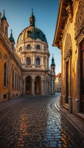 Hungarian architecture, ornate buildings, Baroque style, grandiose columns, intricate stone carvings, stained glass windows, majestic dome, vibrant tile roof, cobblestone streets, old lanterns, festiv