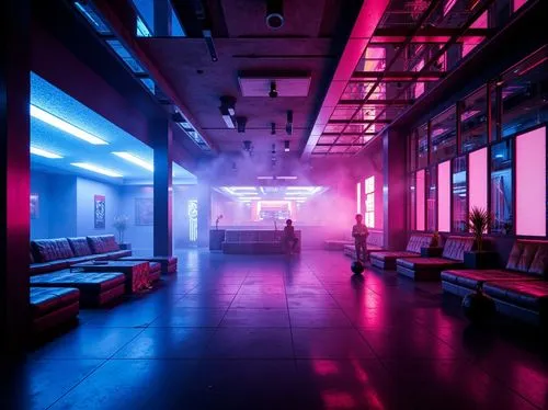 vapor,parkade,retro diner,nightclub,ufo interior,neon coffee,colored lights,empty interior,noncorporate,cyberscene,polara,neon,garage,neon lights,car showroom,synthetic,aesthetic,neon light,car salon,lobby