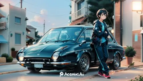 an anime character stands by a car on the street,girl and car,black beetle,renault twingo,mitsuoka,smartcar,karafuto,Anime,Anime,Realistic