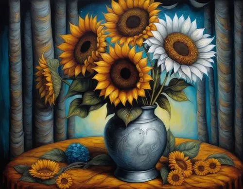 sunflowers in vase,sunflowers,flower painting,sunflower paper,sunflower,sun flowers,Illustration,Realistic Fantasy,Realistic Fantasy 34