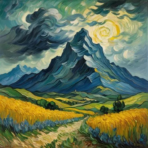 mountain landscape,mountain scene,mountainous landscape,yellow mountains,landscape background,wheat field,mountains,high landscape,rural landscape,the landscape of the mountains,oil on canvas,oil painting on canvas,oil painting,vincent van gogh,autumn mountains,high mountains,mountain pasture,landscape,mountain,farm landscape