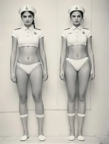 Black and white picture of the Monegasque palace guards in their new white sailor bikini uniforms.,two models in matching sailor bikinis pose together,stewardesses,female body,cocorosie,liposuction,bo