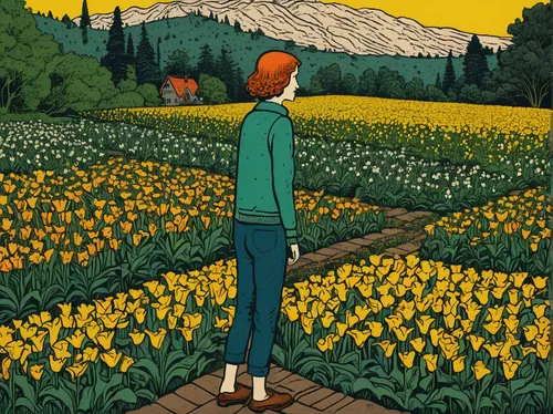 daffodil field,tulip field,flower field,blooming field,field of flowers,yellow garden,sunflower field,giant goldenrod,tulip fields,picking flowers,tulips field,pineapple field,flowers field,vegetable field,picking vegetables in early spring,field of cereals,travel poster,yellow grass,goldenrod,forager,Illustration,Vector,Vector 15