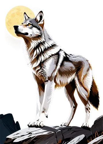 Wild wolf, furry texture, sharp claws, grey and white fur, piercing yellow eyes, strong muscular legs, standing on rocky terrain, howling at the moon, dramatic lighting, cinematic composition, shallow