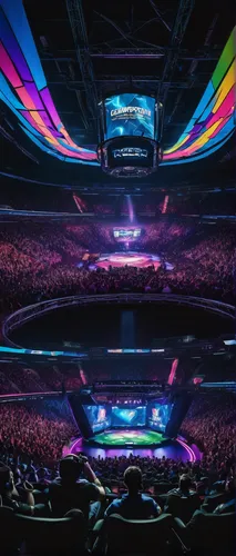 esports event, grand finals, stadium filled with audience, intense atmosphere, players focused, gaming computers, colorful stage lighting, large screens displaying the game, commentators excited, team