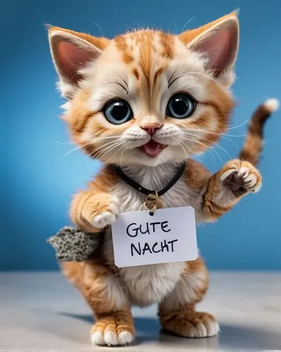 A photo of an anthropomorphic kitten, charming and lifelike, holding a 'GUTE NACHT' sign. Focus on natural allure with adorable, expressive features, blending kitten innocence and human-like awareness