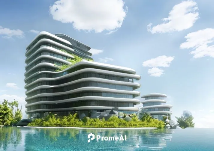 floating island,residential tower,futuristic architecture,3d rendering,eco hotel,cube stilt houses,artificial island,condominium,mamaia,aqua studio,sky apartment,hotel barcelona city and coast,tropica