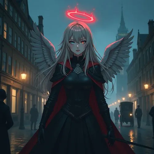 (Gabriel Tenma White, blonde, long hair, blue eyes, sullen, sarcastic, red flame halo, angel wings) (Artoria Pendragon Alter, long gray hair, golden eyes, icy face, black armor waist with red details,