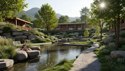 zen garden,japanese zen garden,3d rendering,sake gardens,ecovillage,render,streamwood,japanese garden,riverwood,nature garden,cryengine,landscaped,3d rendered,ecovillages,3d render,garden pond,hotsprings,streamside,sansar,creekside