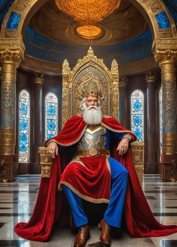 Majestic god emperor, mature man, muscular build, golden crown, long white beard, piercing blue eyes, elaborate golden armor, ornate red cape, sitting, golden throne, intricate carvings, luxurious vel