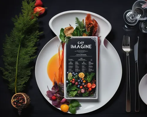 Imagine a lively caf￩ menu with Frutiger fonts, featuring mouth-watering dishes.,catering service bern,christmas menu,food styling,fine dining restaurant,course menu,long table,tableware,healthy menu,