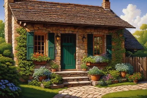 Cozy bungalow, architectural style, single-story, sloping roof, overhanging eaves, wooden shutters, brick facade, ivy-covered walls, flower-filled window boxes, rustic door with metal doorknocker, lus