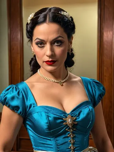 A comic Portrait of Lola Montez,a woman wearing a blue and white corset,kangna,gwtw,kalinda,preity,kangana,zinta,Photography,General,Realistic