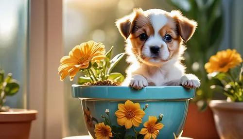 cute puppy,flower pot,flowerpot,wooden flower pot,potted flowers,flower background,Photography,Artistic Photography,Artistic Photography 03