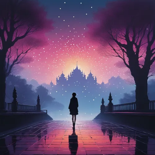 la violetta,prambanan,cambodia,house silhouette,silhouette art,mystery book cover,before the dawn,myanmar,angkor,cinderella,fantasia,travel poster,night scene,before dawn,somtum,girl in a long,girl walking away,musical background,dream world,enchanted,Conceptual Art,Fantasy,Fantasy 32