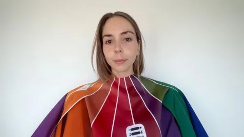 respect the pantone colors and fitted suit with white flat background,a woman holding a rainbow shirt over her chest,color fan,paper umbrella,leanbow,winebow,tuba,solexa