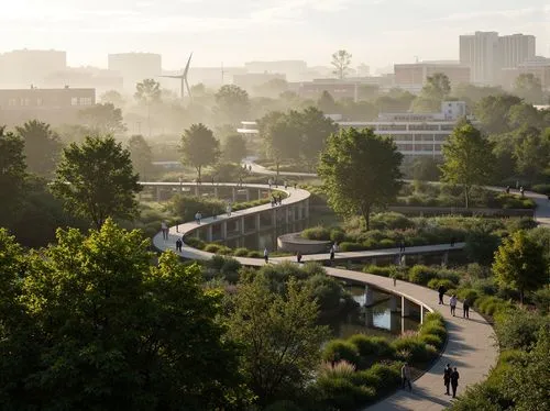 Curved pedestrian bridge, lush greenery, native plants, solar panels, wind turbines, eco-friendly materials, recycled steel structures, natural ventilation systems, energy-efficient lighting, rainwate