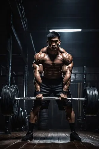 athletic man, muscular arms, serious expression, intense gaze, black sportswear, sweat-drenched skin, weightlifting barbell, heavy weights, gym background, dark wood floor, metal beams, dramatic light