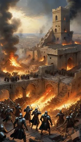  A chaotic scene of battle unfolds in israil, with knights clashing amidst the ruins of a once-great city. Smoke and dust fill the air, obscuring the carnage. A burning building collapses in the dista