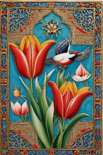 turkestan tulip,iranian nowruz,floral and bird frame,floral rangoli,khokhloma painting,flower and bird illustration,rangoli,novruz,persian norooz,nowruz,tulip festival,zoroastrian novruz,floral ornament,khamsa,persian,indian art,flying carpet,oriental painting,tulips,tulip flowers,Illustration,Realistic Fantasy,Realistic Fantasy 43