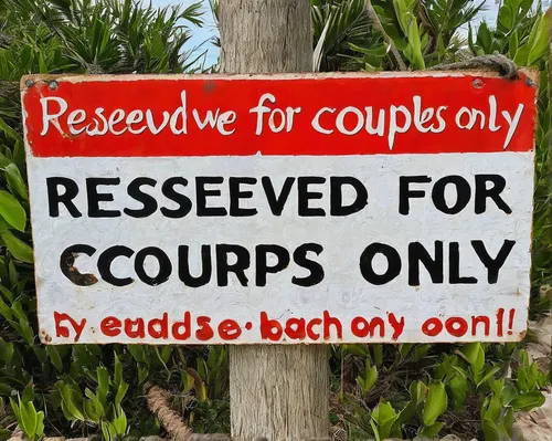 Imagine a romantic sign that declares 'Reserved for Couples Only' at a secluded beach resort.,private property sign,reserve,sale sign,signage,couple - relationship,sign e-mail,sign,sign board,wooden s