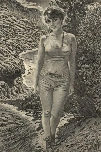 girl on the river,the blonde in the river,woman walking,charcoal drawing,vintage drawing,pencil drawing,female model,female runner,woman at the well,farmer in the woods,girl on the dune,crocodile woma