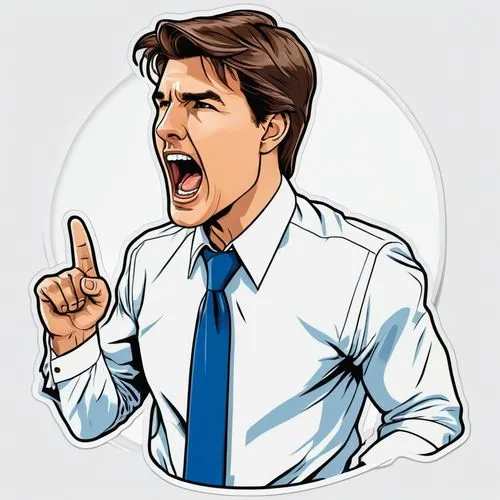 man with brown hair and a tom cruise haircut, white dress shirt and a blue tie,one hand pointing,yelling,side profile view,upset face,cartoon style,linkedin icon,telegram icon,my clipart,coreldraw,kar