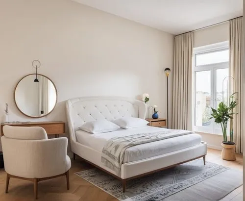 interior design bedroom, white armchair, white soft headboard, white wall,guest room,danish room,modern room,guestroom,casa fuster hotel,danish furniture,bedroom,shared apartment,boutique hotel,modern