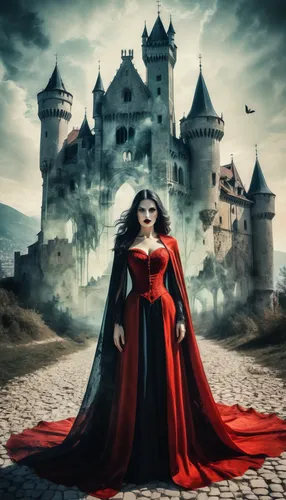 queen of hearts,gothic woman,red cape,gothic portrait,vampire woman,haunted castle,fantasy picture,castle of the corvin,castles,vampire lady,camelot,dracula,fantasy art,gothic fashion,red tunic,red gown,dance of death,ghost castle,dracula castle,red coat,Photography,Artistic Photography,Artistic Photography 07