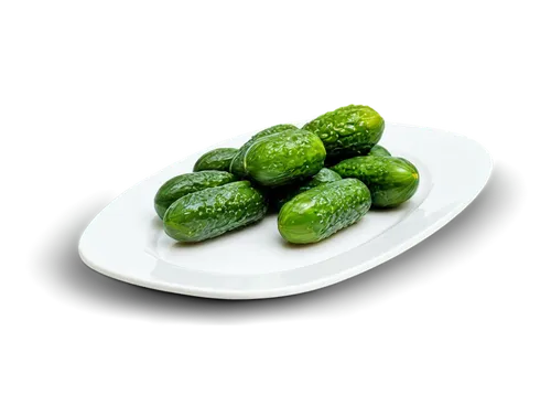 pickle, PNG image, transparent background, solo, green pickle, detailed texture, glossy surface, juicy pulp, white plate, ceramic material, still life, close-up shot, high-key lighting, shallow depth 