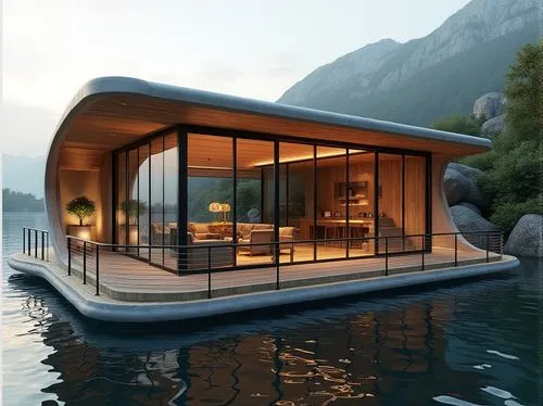 Modern boathouse, innovative facade design, streamlined architecture, waterfront location, serene lake scenery, overhanging roof, floor-to-ceiling glass windows, sliding doors, wooden deck, metal rail